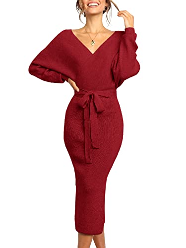 Womens Maxi Sweater Dress Long Sleeve Batwing Wrap V Neck Fall Dresses - color: 1-burgundy, size: Small