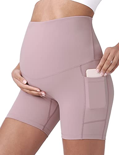 POSHDIVAH Maternity Biker Shorts Over the Belly with Pockets 5"/8" - color: Pink, size: Large