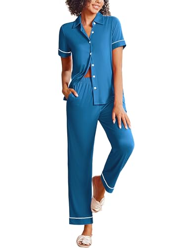 Ekouaer Womens Pajama Sets 2 Piece Button Down Short Sleeve Pjs Set Soft Lounge Set with Long Pants S-XXL - color: Lake Blue, size: X-Large