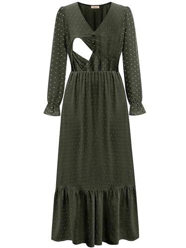CzzzyL Women Nursing Boho Maxi Dress Swiss Dot Smocked with Pockets - color: S-green, size: Small