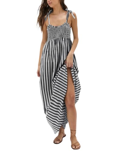 Lentta Women's Striped Smocked Maxi Dress Causal Spaghetti Strap Stretchy Flowy Swing Long Dress with Pockets - color: Navy, size: Medium