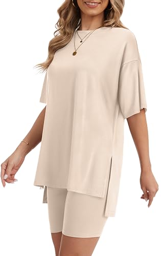 RUBZOOF Women 2 Piece Lounge Sets Summer Outfits Shorts Set - color: Beige, size: Small