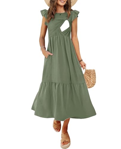 CzzzyL Women's Nursing Dress Flutter Sleeve Crew Neck Smocked Midi Pockets - color: Green, size: X-Large