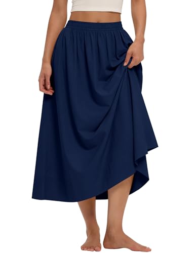 LOMON Midi Skirts for Women with Pockets A-Line Cotton Flowy Elastic Waist - color: Navy Blue, size: Small