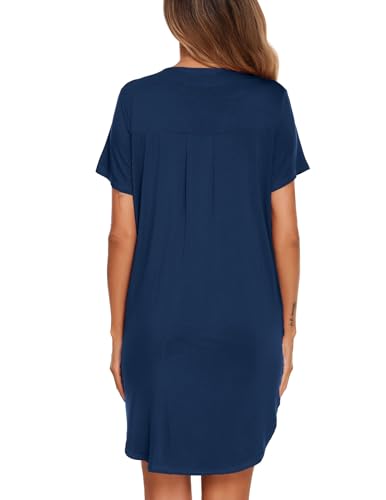 Ekouaer Nightgowns for Women Button Down Sleepshirts V Neck Sleep Dress - color: Navy Blue, size: Medium