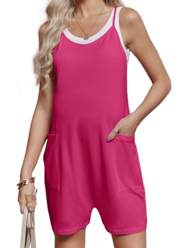 FMEYOA Maternity Romper Sleeveless Overall Shorts Jumpsuit with Pockets - color: Rose Red, size: X-Large
