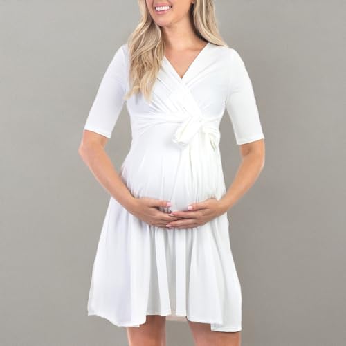 Mother Bee Maternity Knee Length Wrap Dress with Adjustable Belt - color: Ivory, size: Large