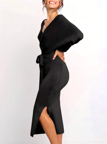 Womens Maxi Sweater Dress Long Sleeve Batwing Wrap V Neck Fall Dresses - color: 1-black, size: Small