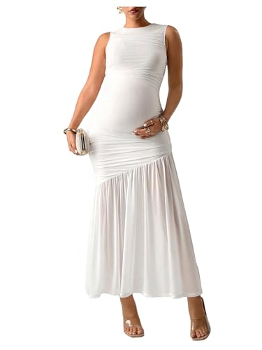 Floerns Women's Maternity Mesh Tank Dress Ruched Ruffle Bodycon Maxi Pregnancy Dresses - size: Small