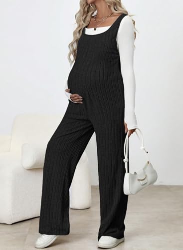 BLENCOT Maternity Jumpsuit Sleeveless Square Neck Wide Leg Pants Romper - color: Black, size: Medium