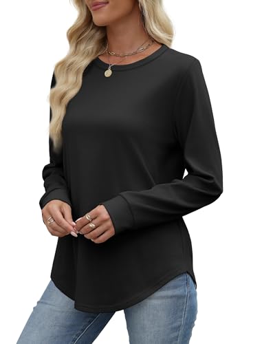 WIHOLL Sweatshirt for Women Crewneck Long Sleeve Shirts Curved Hem Lightweight Sweaters Fall Clothes 2025 - color: Black, size: Medium