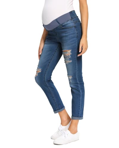 Foucome Women's Maternity Jeans Stretch Ripped Boyfriend Jeans - color: 066# - Dark Blue, size: Medium