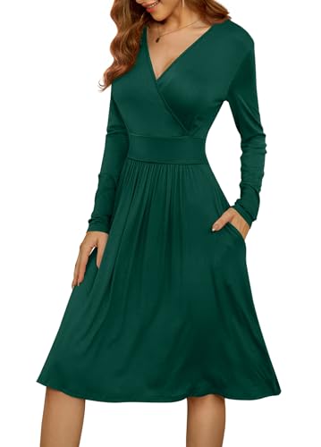 WEACZZY Women's Long Sleeve V Neck Casual Fall Dresses with Pockets - color: 01 Long Sleeve Dark Green, size: Large