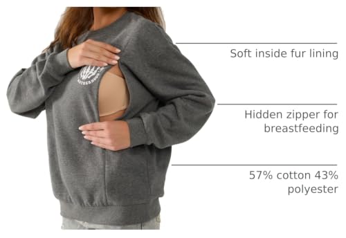 Women's Nursing Tops Fleece Long Sleeve Maternity Breastfeeding Sweatshirt Cotton Zip Nursing Pullover Tops - color: Dark Gray, size: XX-Large