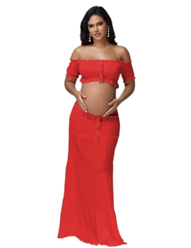 Maternity Boho 2 Piece Outfits Dress for Photoshoot Baby Shower - color: Red, size: Large