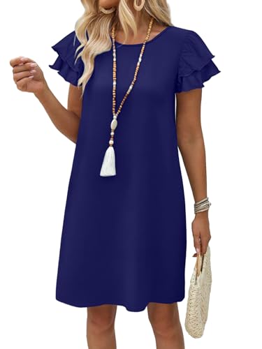 OFEEFAN Womens Summer Dresses 2026 Ruffle Sleeve Round Neck Loose Swing Sundresses with Pockets Plain/Print - color: Plain Navy Blue, size: X-Large