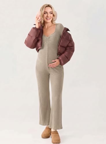 BLENCOT Maternity Ribbed Jumpsuit Long Sleeve Square Neck Stretchy Romper - color: Apricot, size: X-Large
