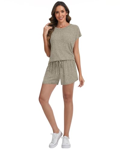Womens Pajamas 2 Piece Lounge Sets Summer Sleepwear Short Pjs - color: Khaki, size: Medium