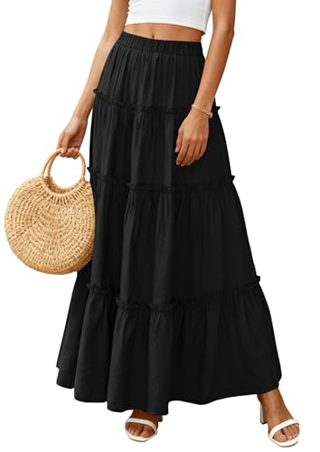 PRETTYGARDEN Women's Boho Tiered Ruffle Flowy Maxi Skirt - color: Black, size: Large