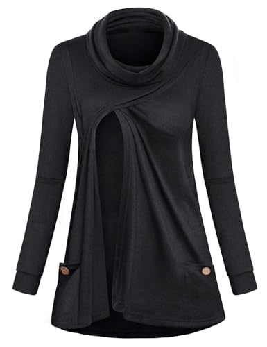 Joymom Maternity Warm Cowl Neck Nursing Sweatshirt Breastfeeding Tunic Tops - color: 3-carbon Black, size: Large