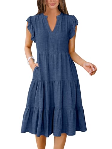 ANRABESS Womens Summer Dress Ruffle Sleeve V Neck Midi Dresses - color: Blue, size: Medium