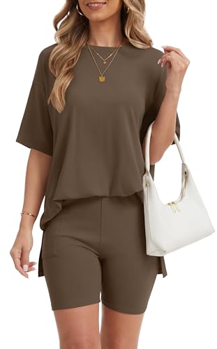 RUBZOOF Women 2 Piece Lounge Sets Summer Outfits Shorts Set - color: Coffee, size: X-Large