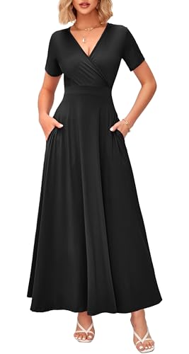 WNEEDU Women's Summer Maxi Dress Wrap Short Sleeve with Pockets - color: 0 Black, size: Large
