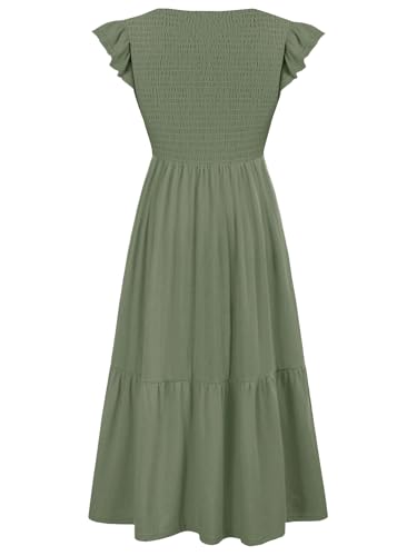 CzzzyL Women's Nursing Dress Flutter Sleeve Crew Neck Smocked Midi Pockets - color: Green, size: X-Large