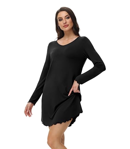 WiWi Women's Viscose from Bamboo Nightgown Long Sleeve Nightshirt Soft Sleep Dress Loose Comfy Pajama Sleepwear S-XXL - color: B-black, size: Large