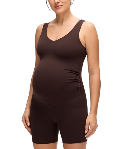 CRZ YOGA Maternity V Neck Romper - color: Hot Fudge Brown, size: Small