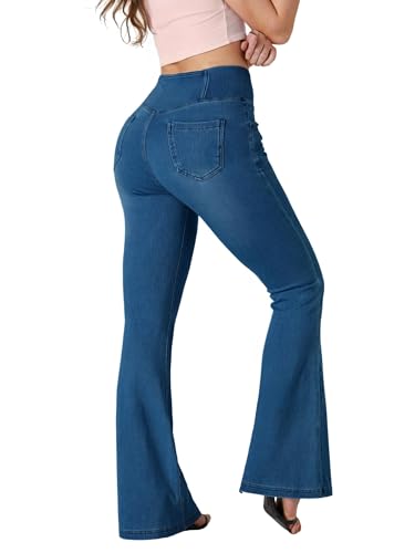 BlueRose Flare Jean for Women,Bell Bottom Jeans for Women Knit Crossover High Waisted Bootcut Jean - color: Dark Blue, size: Small Long