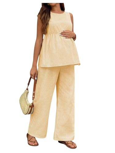 MakeMeChic Women's Maternity 2 Piece Outfits Striped Tank Top and Pants - color: Yellow, size: X-Small