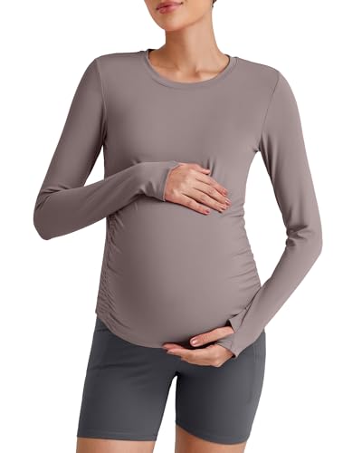 G4Free BareFeel Pregnancy Workout Tops Maternity Long Sleeve Shirts Ruches - color: Taupe, size: Medium
