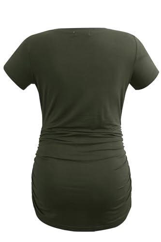 Smallshow Women's V Neck Maternity Clothes Tops Side Ruched Pregnancy T Shirt - color: Army Green/Black/Light Grey, size: Medium