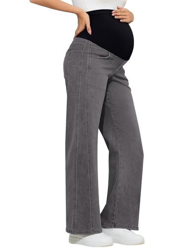 POSHGLAM Women's Maternity Jeans Wide Flare Leg Stretchy Comfy 31'' Pregnancy Denim Pants(Washed Black, Small)