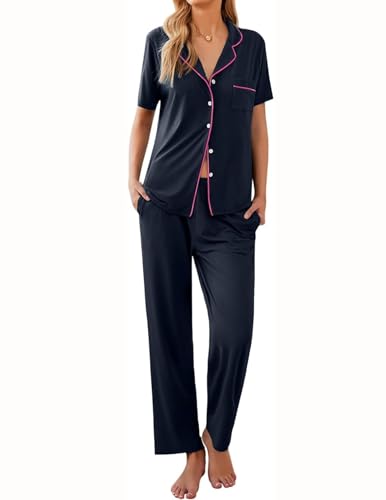 Ekouaer Womens Pajamas Set Short Sleeve Button Down Top & Pants Lounge Pjs - color: Dark Slate, size: Small
