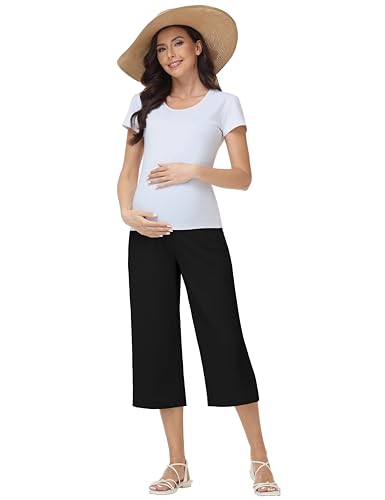 Maternity Capris Wide Leg Pregnancy Cropped Pants - color: Black, size: Small