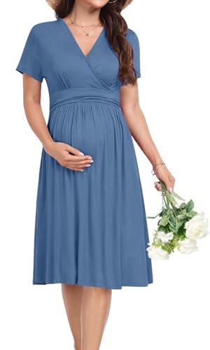 Maternity Dress Summer Wrap Baby Shower Pregnancy Nursing - color: Indigo Blue, size: 3X-Large