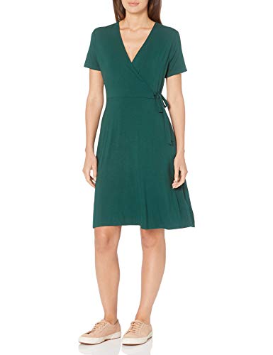 Amazon Essentials Women's Short Sleeve V Neck Faux-Wrap Dress, Fitted - color: Jade, size: X-Small