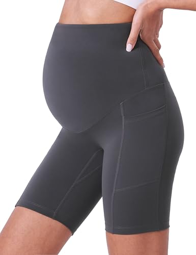 POSHDIVAH 3/4 Pack Maternity Biker Shorts Over The Belly with Pockets 5"/8" - color: Black/Black/Grey 8", size: Medium