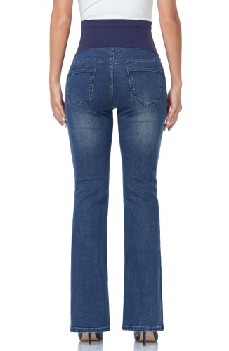 GLAMIX Women's Stretch Maternity Bootcut Jeans with Pockets Over The Belly Bell Bottoms Flare Denim Pants Pregnancy Clothes - color: Navy Blue, size: Small