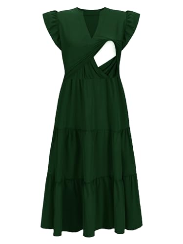 CzzzyL Womens Nursing Midi Dress Breastfeeding Sleeveless Tiered Pockets - color: Dreepgreen, size: Medium