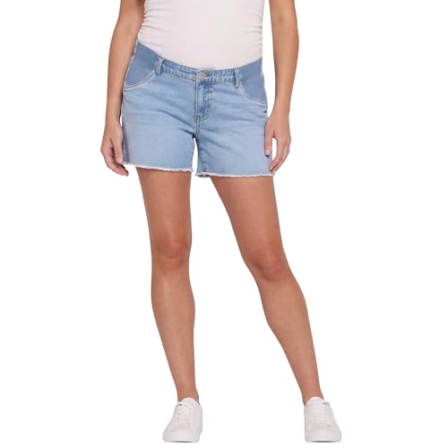Motherhood Maternity Women's Under the Belly Cutoff Denim Pregnancy Shorts with Side Elastic Panel Insets - color: Light Wash, size: Large