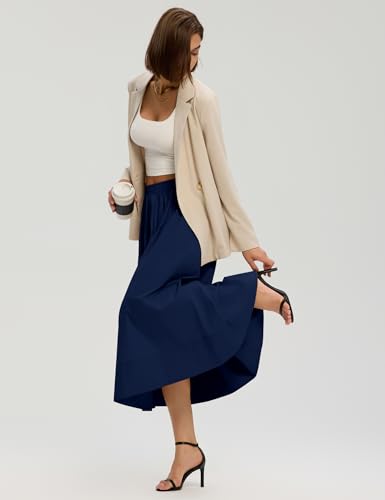 LOMON Midi Skirts for Women with Pockets A-Line Cotton Flowy Elastic Waist - color: Navy Blue, size: Small