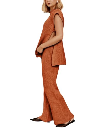 Lviefent Womens 2 Piece Outfits Sweater Set Sleeveless Side Slit Pullover Top Knit Wide Leg Pants Lounge Matching Sets - color: Rust, size: Medium