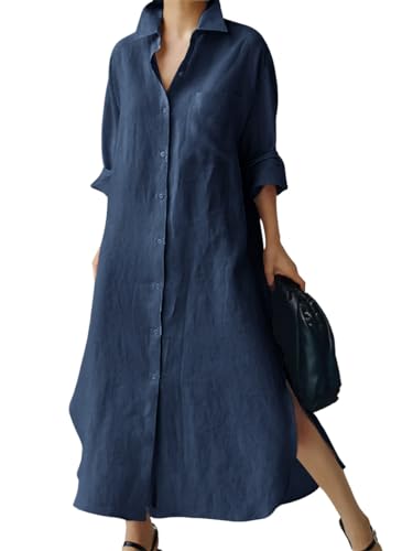 chouyatou Women's Spring Button Down Cotton Shirt Dress Summer Flowy Side Slit Maxi Shift Dress - color: Navy Blue, size: Medium