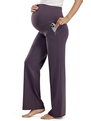 JOYSPELS Smooth Feeling Wide-Leg Maternity Work Pants Soft Pregnancy Yoga Pants with Zippered Pockets Over The Belly - color: Plumperfec, size: Small