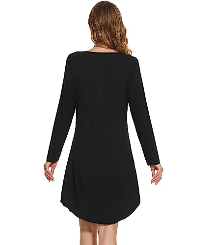 WiWi Women's Viscose from Bamboo Nightgown Long Sleeve Nightshirt Soft Sleep Dress Loose Comfy Pajama Sleepwear S-XXL - color: A-black, size: Large