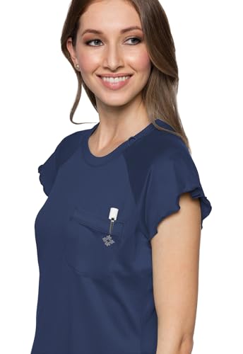 Med Couture Layers Womens Scrubs Top Rib Knit Neck Chest Pocket - color: Navy, size: X-Small