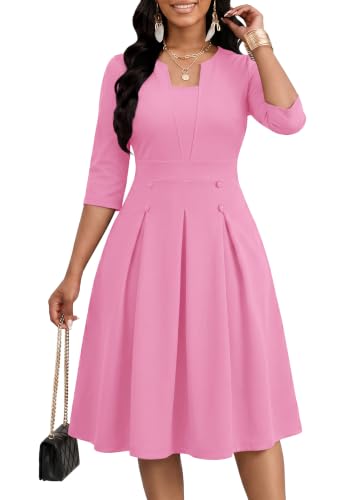 FANDEE Women's Church Midi Dress, 3/4 Sleeve A-Line Fit and Flare Work Dresses with Pockets - color: 006pink, size: X-Large